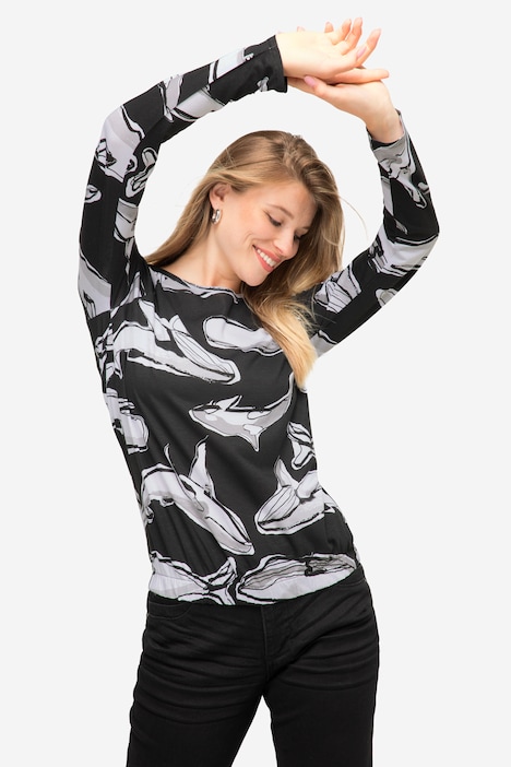 T-Shirt, Wal-Print, Rundhals, Langarm, elastischer Saum, OEKO-TEX