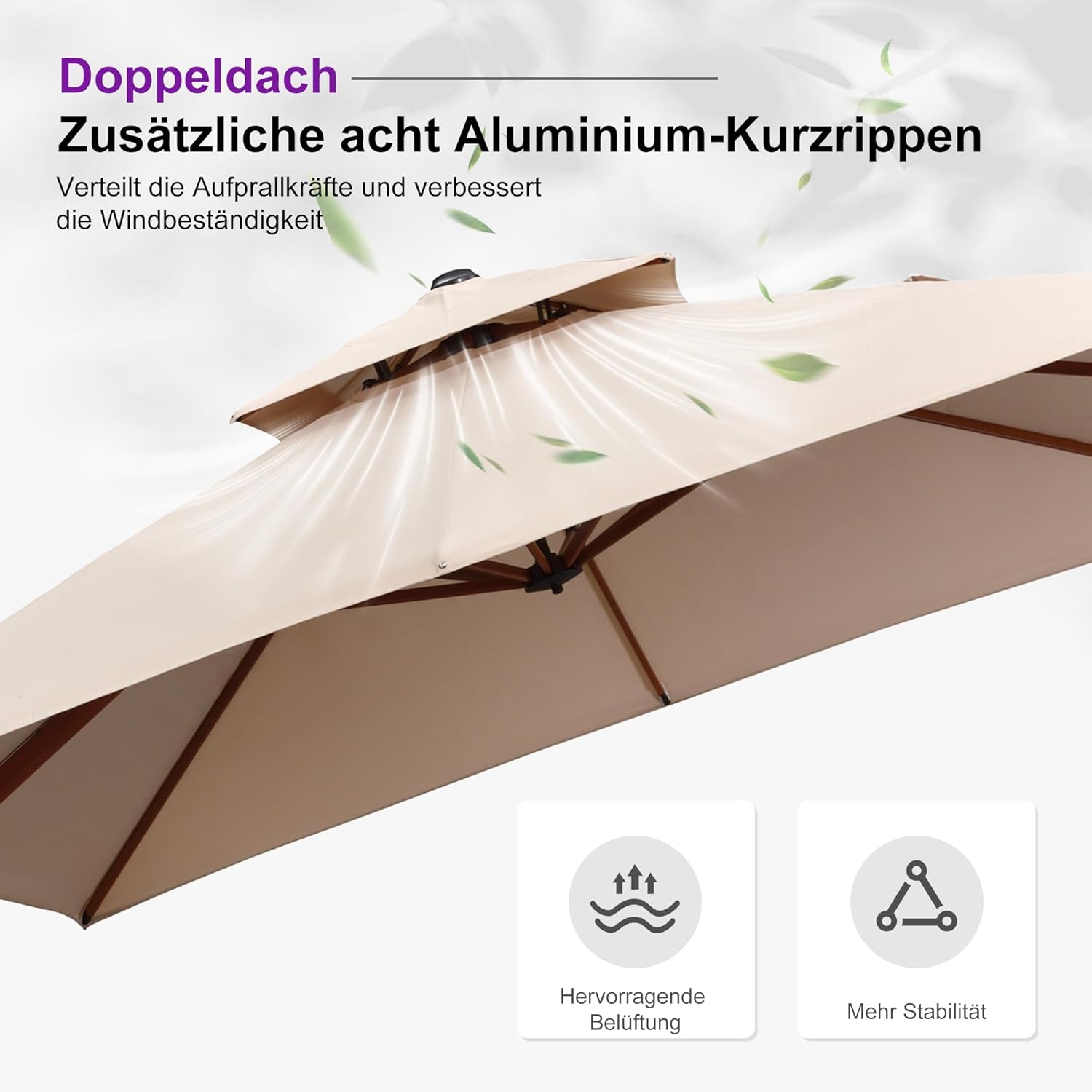 PURPLE LEAF Alu Holzoptik Ampelschirm Rechteckig 300 x 400 cm Rechteckig Sonnenschirm Groß 360° Drehbar Doppeldach Gartenschirm mit Kurbel Doppeldach, Beige