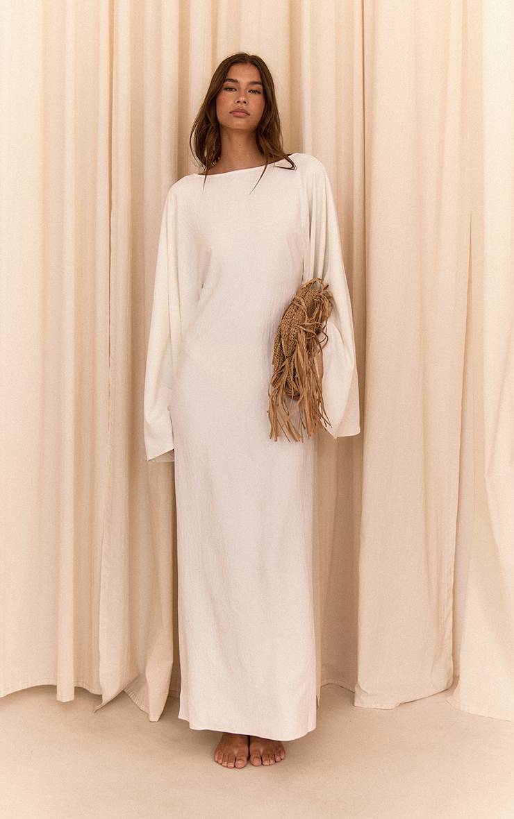 Crème Robe Longue Fluide Imprimé À Manches Évasées En Tissu Tissé
