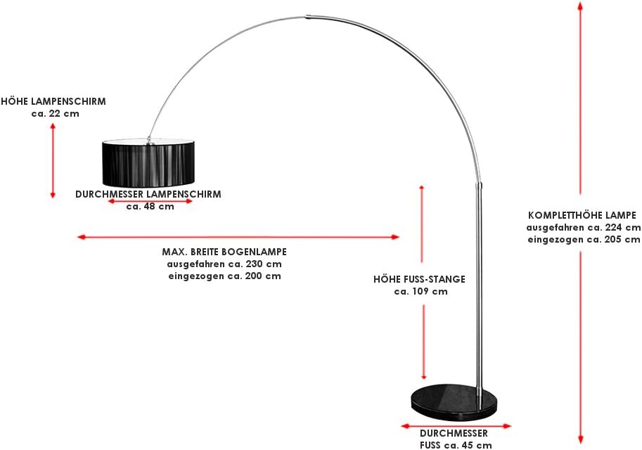 invicta INTERIOR Design Bogenleuchte EXTENSO Stoffschirm in schwarz Stehleuchte mit schwarzem Marmorfuß Bogenlampe Wohnzimmer Beleuchtung