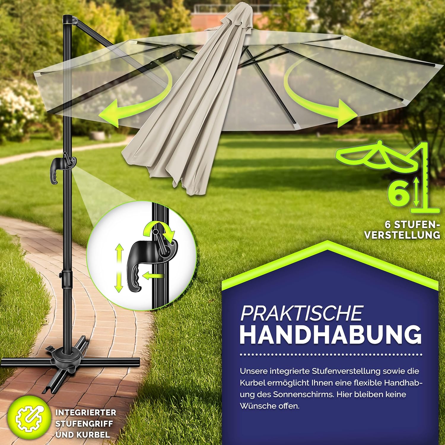tillvex® Premium Alu Sonnenschirm 330 cm + Abdeckung & Windsicherung | Ampelschirm 6-Fach verstellbar mit Kurbel | Gartenschirm 360° Drehbar Neigbar Kippbar | UV50+ wasserdicht