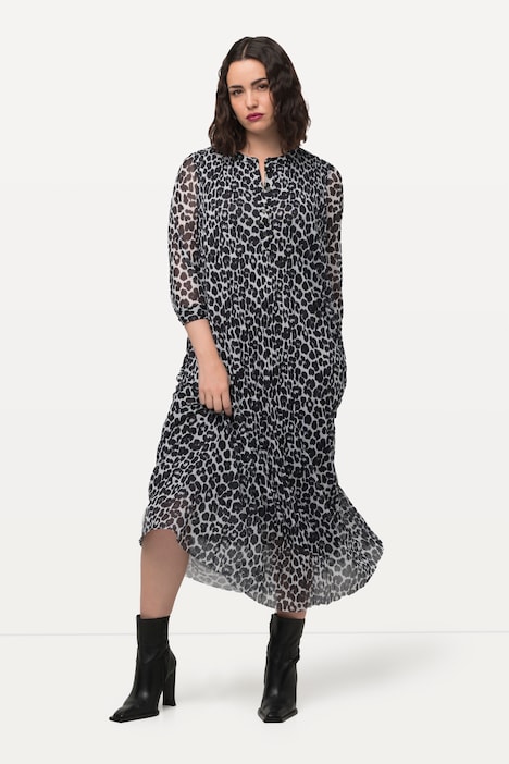 Mesh-Maxikleid, Leomuster, doppellagig, Rundhals, Langarm