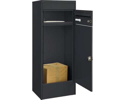 MEFA pakketbrievenbus, gepoedercoat staal, BxHxD 410/1025/325 mm, Mana 482, zwartgrijs RAL 7021, zijdemat, frontuitname, 2 compartimenten met naamplaatje