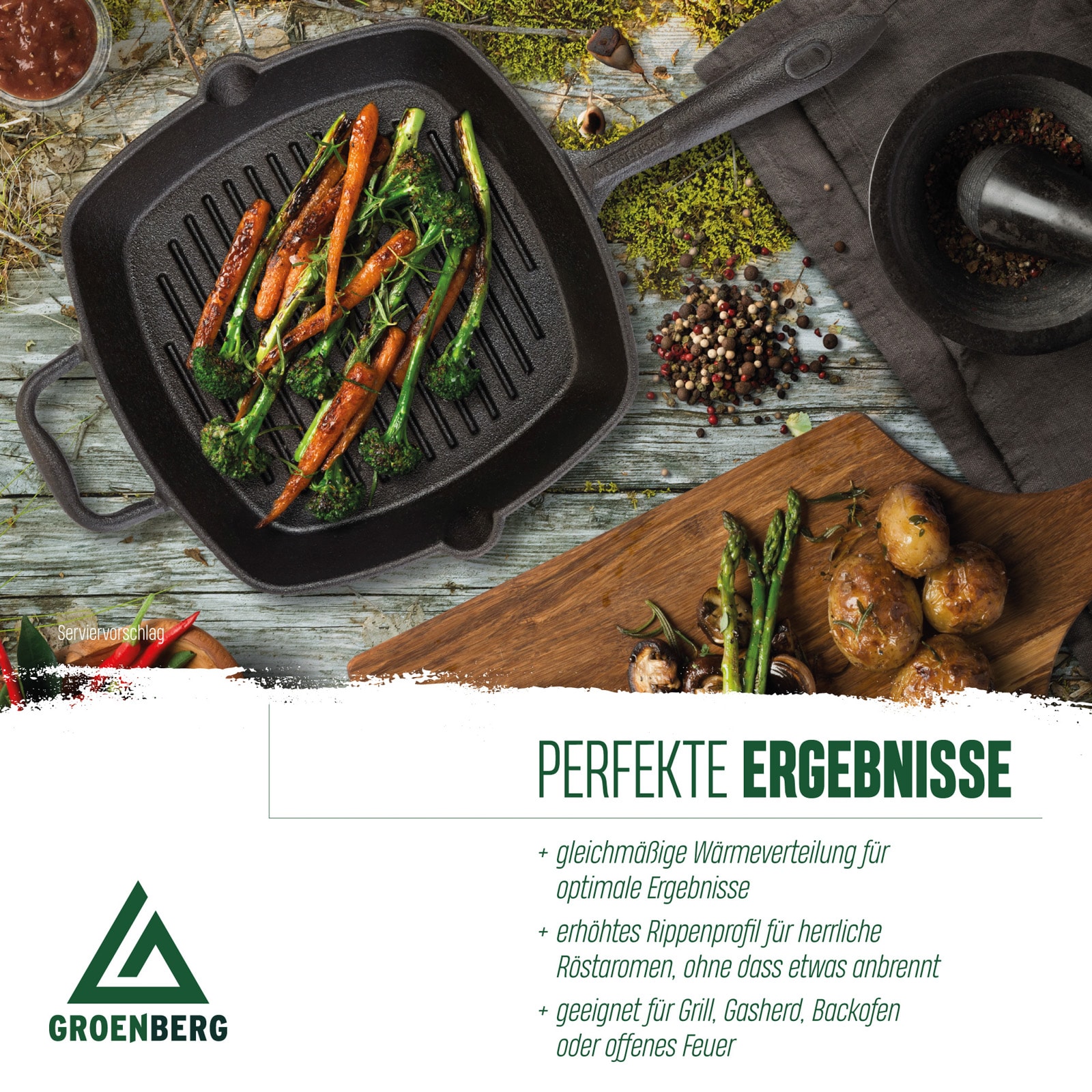 GROENBERG Grillpfanne Gusseisen Pfanne Nabro Bratpfanne Griff Quadratisch 28 cm