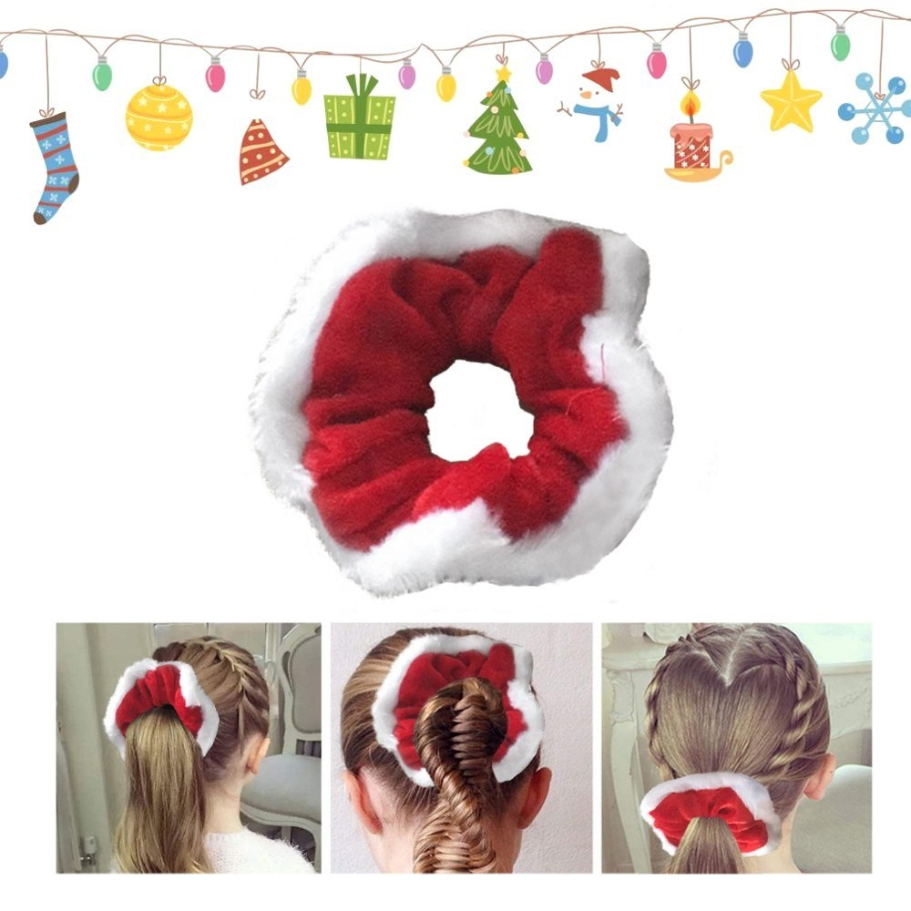 (Ø4cm) Velvet Scrunchie Elastisches Haargummi Weihnachts Haarschmuck Haarband - Rot / Weiss