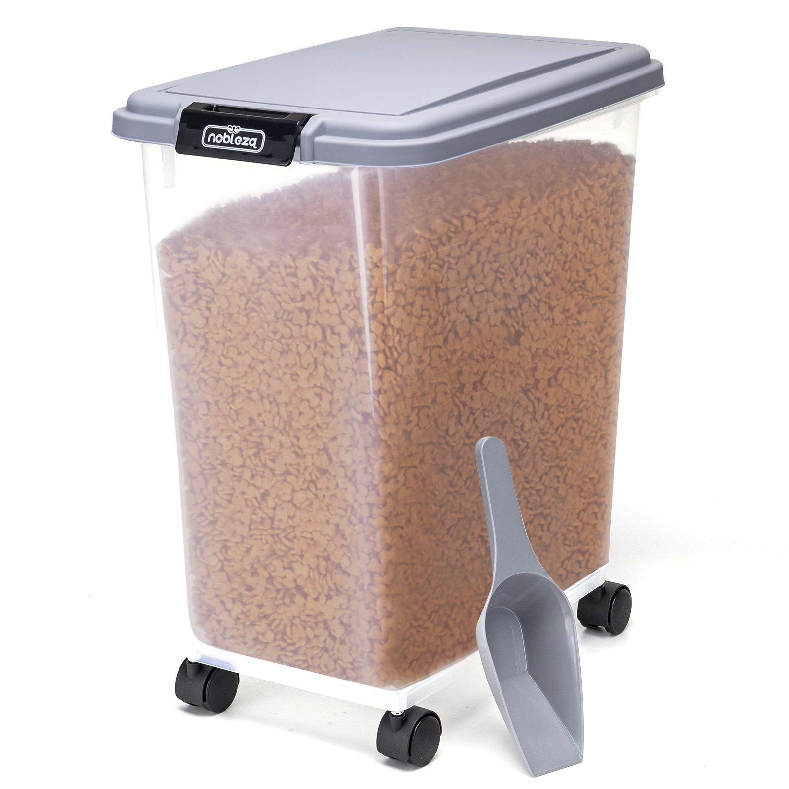 Nobleza - Recipiente para Ração de Animais de Estimação, 40L, Caixa para Ração com Rodas, Tampa Articulada, Hermética, Transparente, com Rodas e Pá, para Ração de Cães e Gatos, Cinza