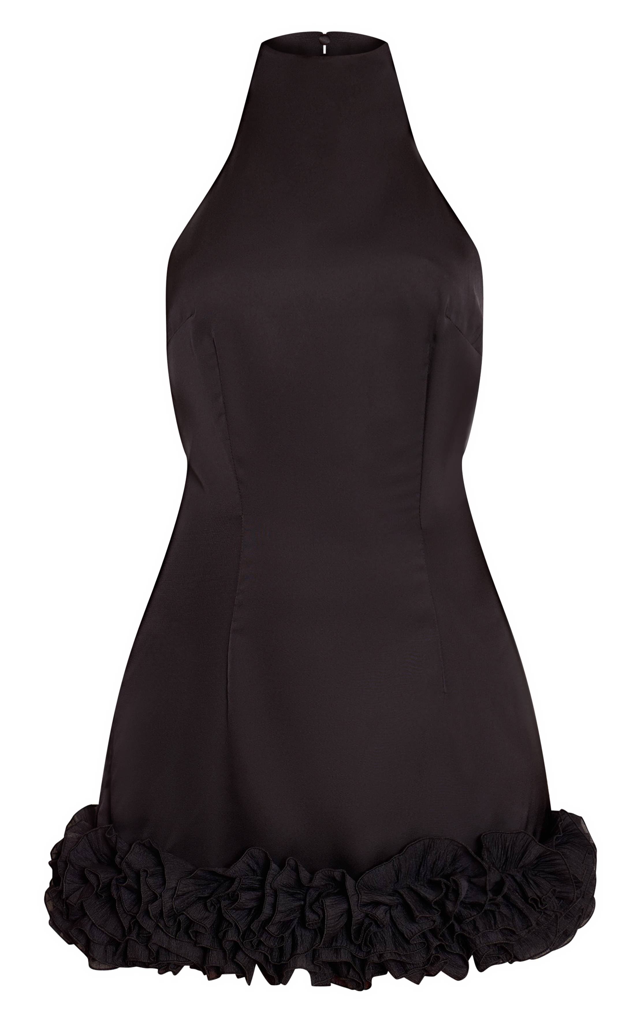 Noir Robe Courte En Satin À Col Montant Avec Détail Volant