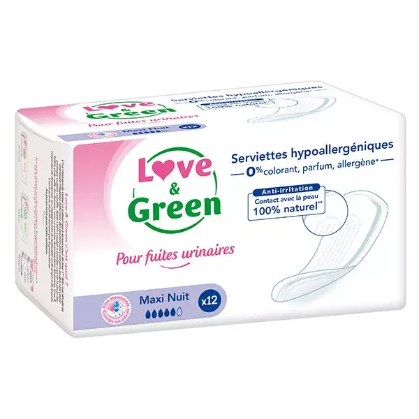 Absorventes noturnos Love & Green Maxi para incontinência urinária, pacote com 12 unidades.