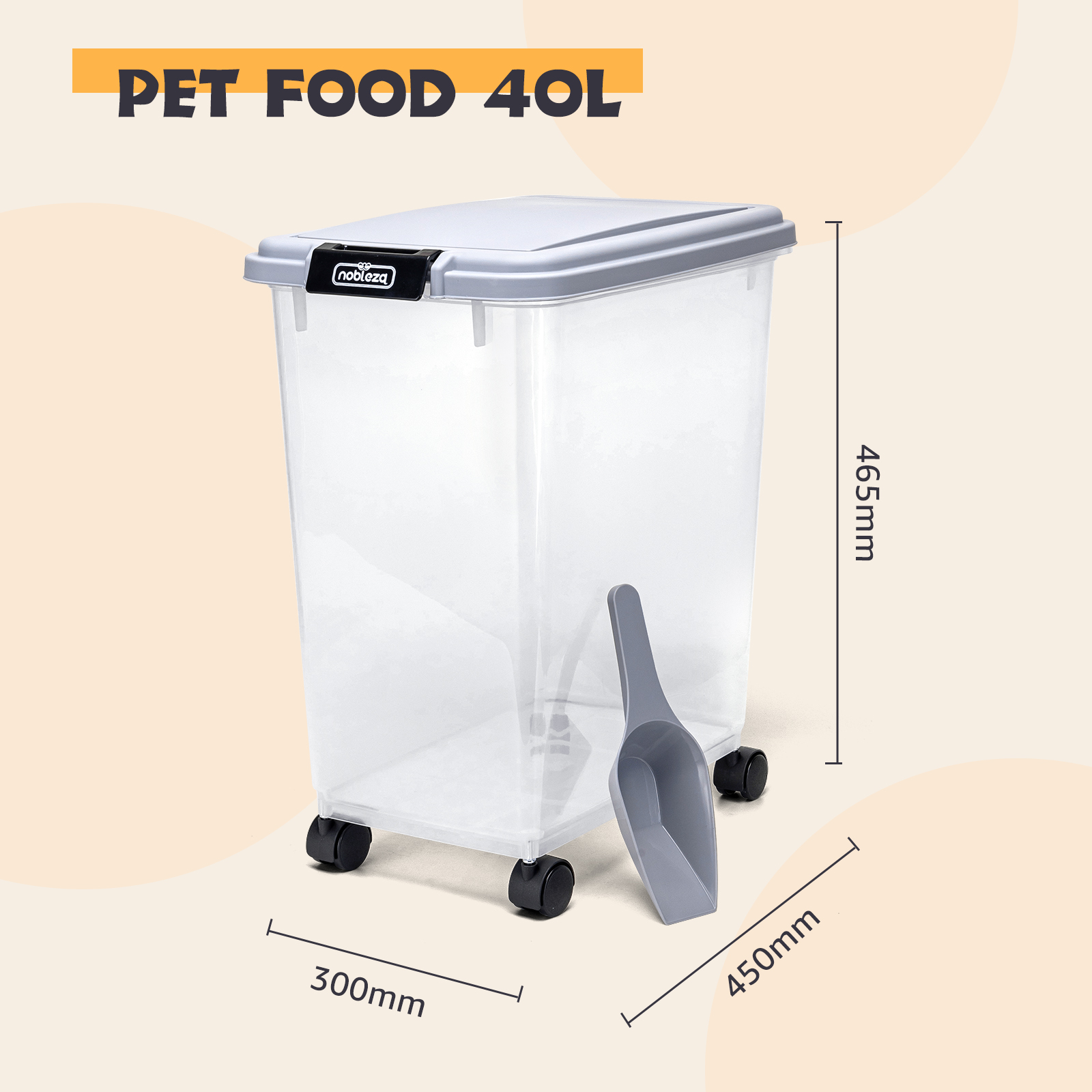Nobleza - Recipiente para Ração de Animais de Estimação, 40L, Caixa para Ração com Rodas, Tampa Articulada, Hermética, Transparente, com Rodas e Pá, para Ração de Cães e Gatos, Cinza