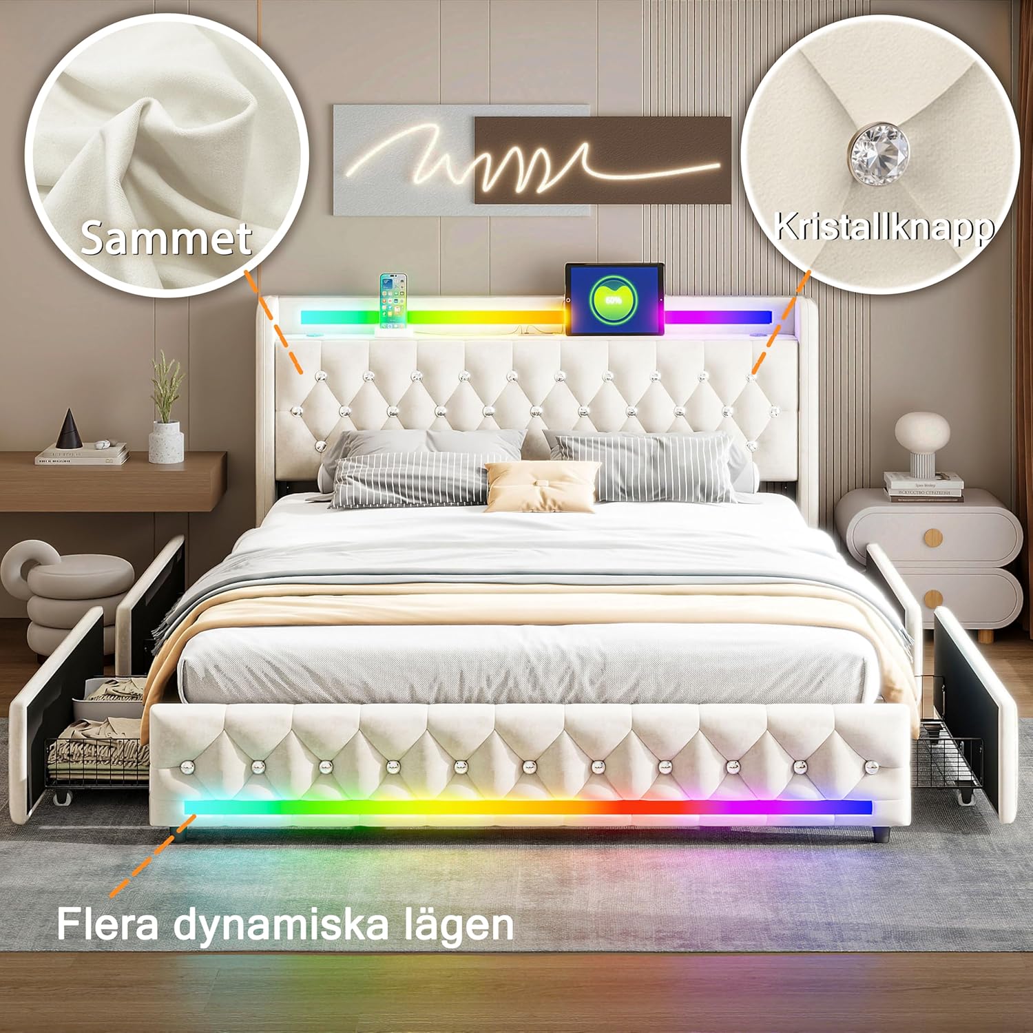 5-in-1 Gepolstertes Bett 160x200cm mit Bluetooth-Lautsprechern, LED-Beleuchtung, USB & Type-C Ladestation, 4 Schubladen, Holzlattenrost, Samtbett – Multifunktionaler Bettrahmen mit Kopfteil