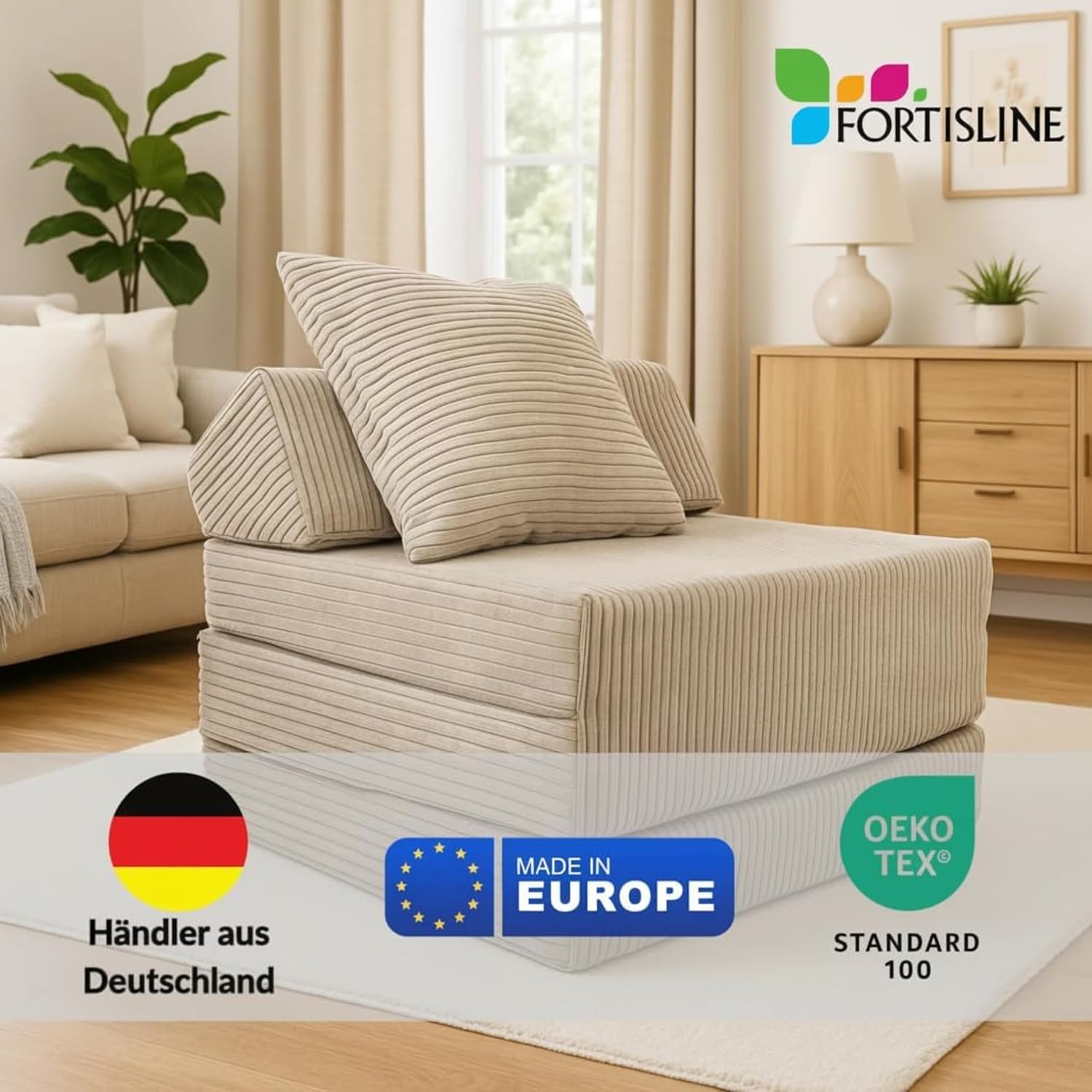 FORTISLINE - Klappmatratze 200x70x10cm mit Kopfteil & Kissen – Gästebett ausklappbar für Kinderzimmer & Camping Matratze Schaumstoff – Faltmatratze tragbar – Faltbare Matratze aus Cord – Braun