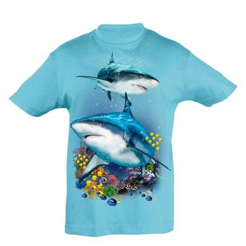 Camiseta infantil: Tubarões e Recifes, Azul