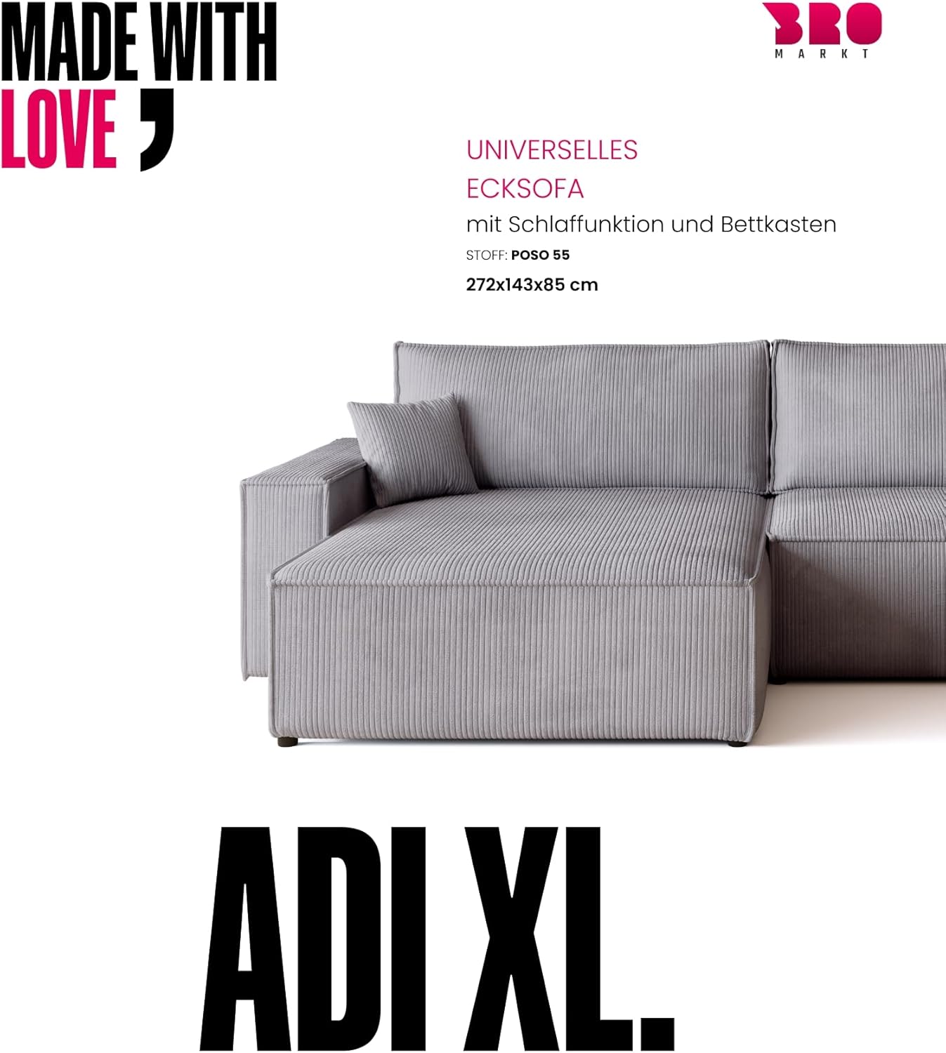 BROMARKT Sofa mit Schlaffunktion Couch L Cordstoff Sofa Bettkasten Schlafsofa für Wohnzimmer Ecksofa freistehend Adi XL Relaxsofa 3 sitzer 272x143x85 cm Hellgrau
