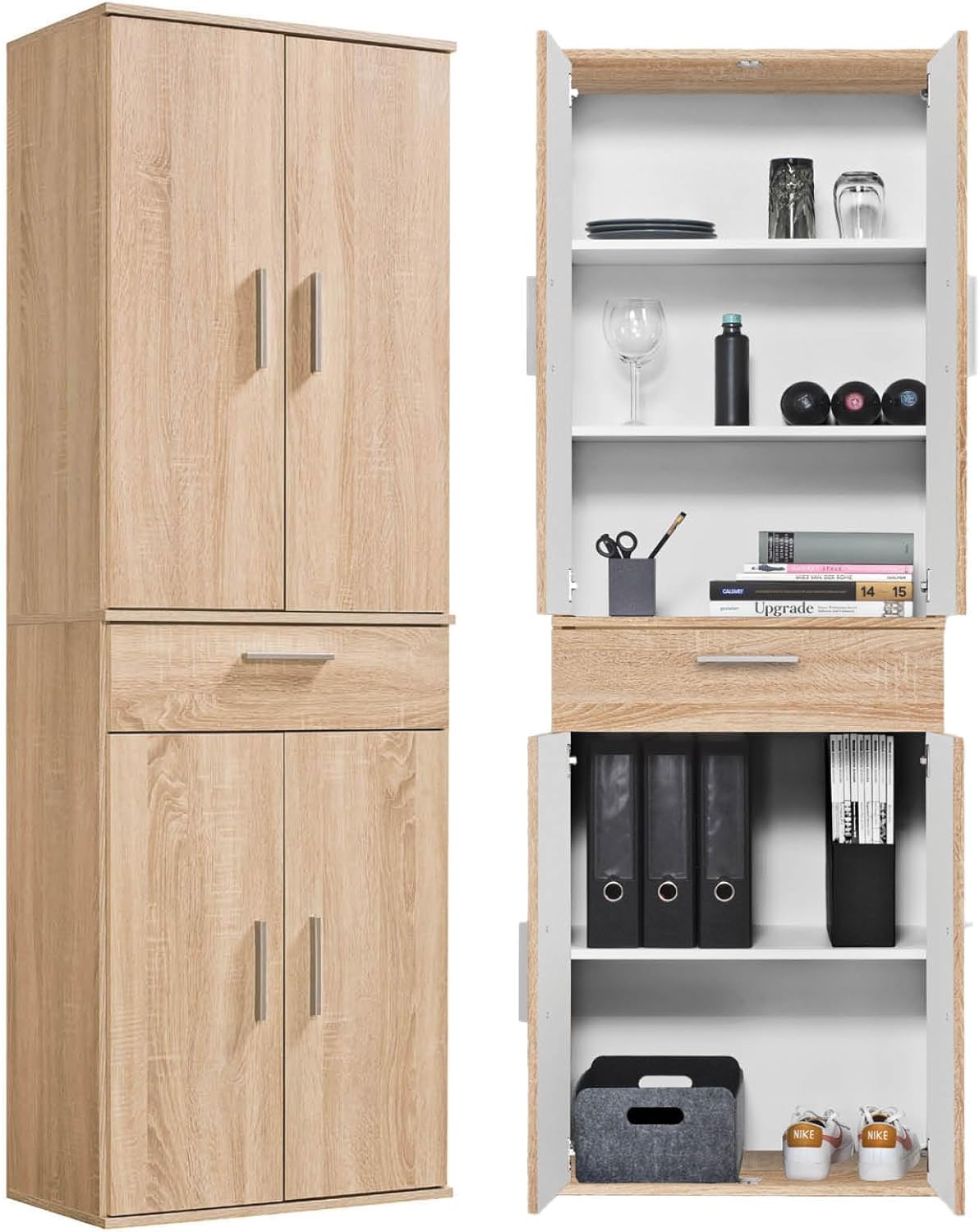 mokebo Mehrzweckschrank Büroschrank 'Der Praktische' (60x180 cm) aus Holz, mit Schublade, Aktenschrank, auch als Schuhschrank, Flurschrank oder Aufbewahrungsschrank in Sonoma Eiche