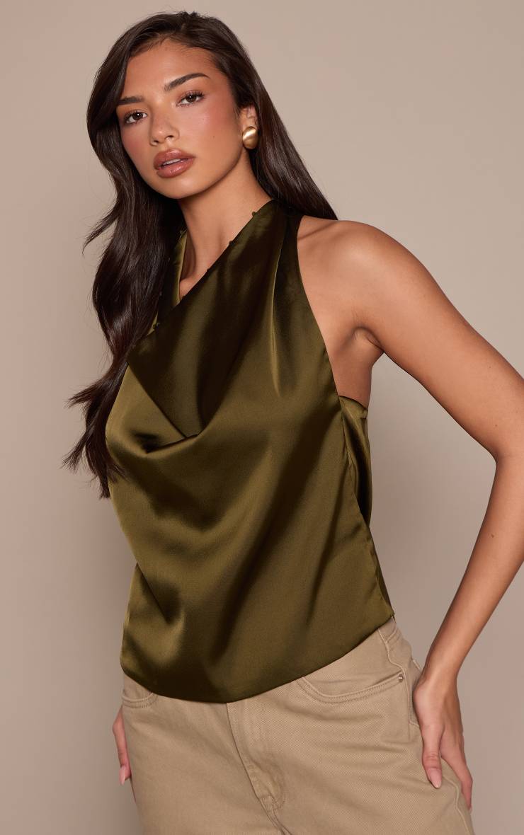 Vert Olive Haut Dos Cache-cœur En Satin Col Licou