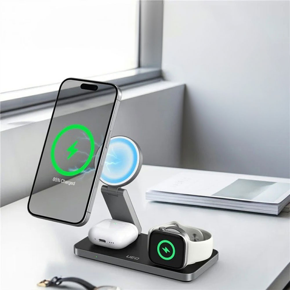 (15W) Faltbare 3in1 MagSafe Qi Wireless Charger Ladegerät für Apple iPhone / Apple Airpods / Apple Watch - Weiss