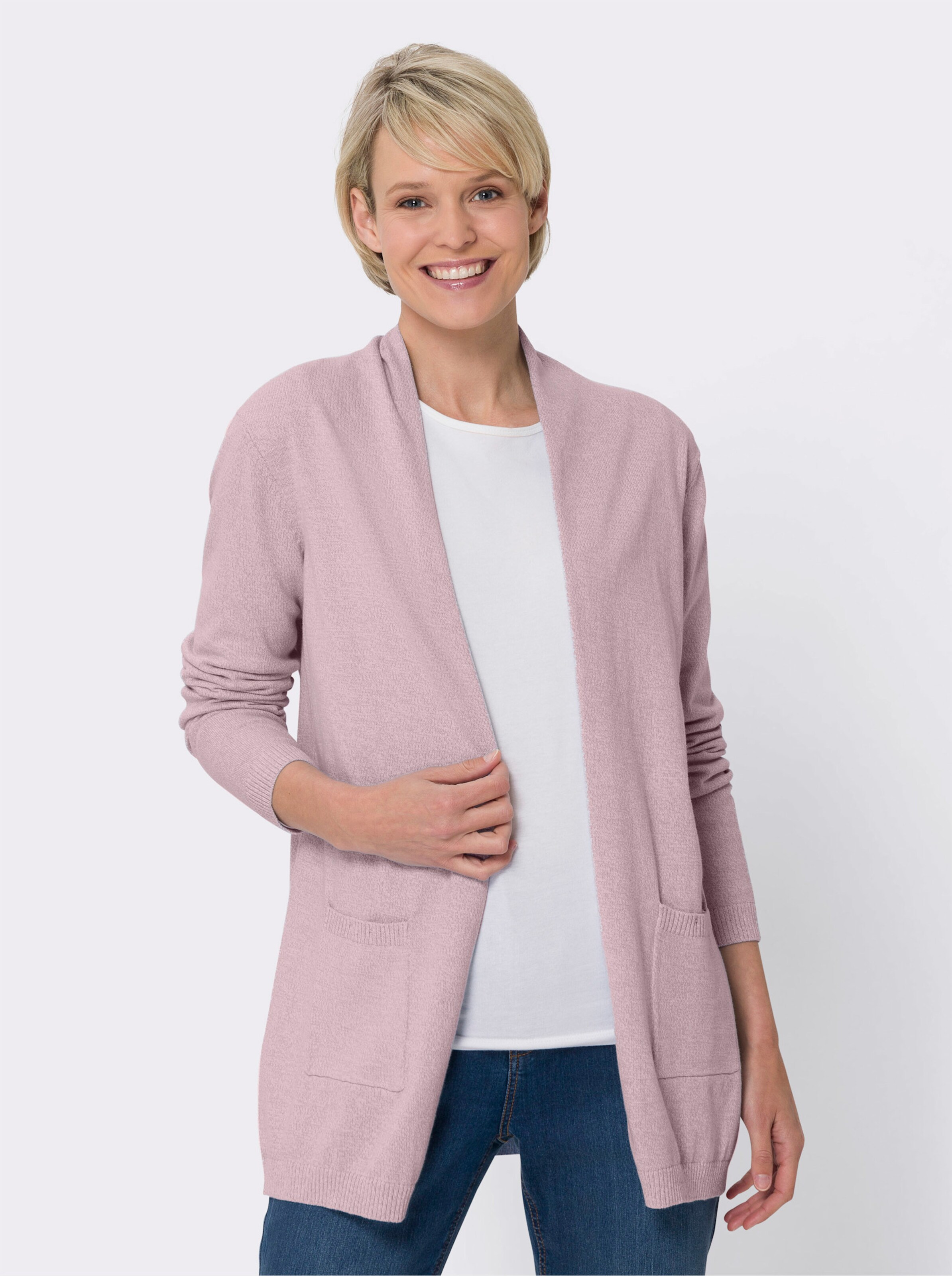 Longstrickjacke in offener Form