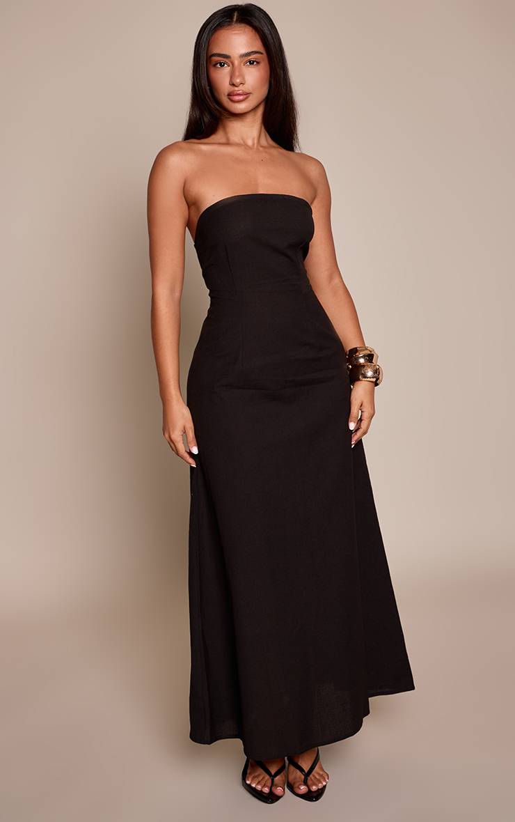 Noir Robe Longue Bandeau À Effet Lin Coupe Fourreau Petite