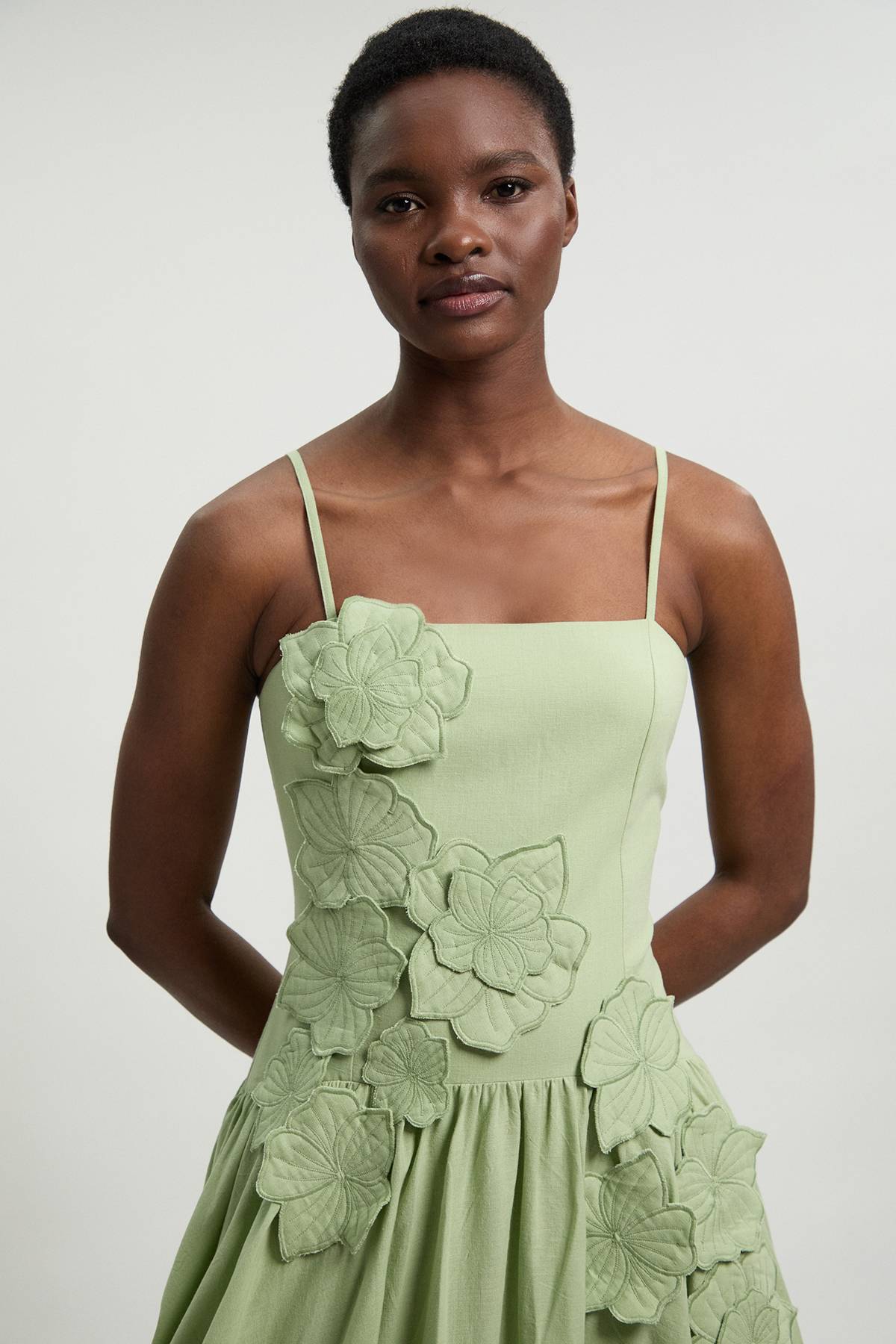 KarenMillen Robe Midi En Coton Lin À Détails Floraux 3D Et Ourlet Bouffant