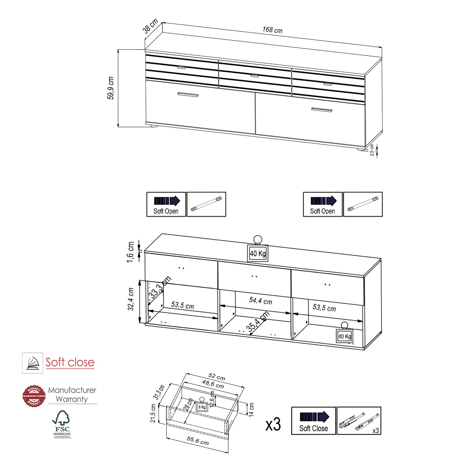 TV-Lowboard SOLEA - Artisan Eiche - schwarz - 168 cm breit