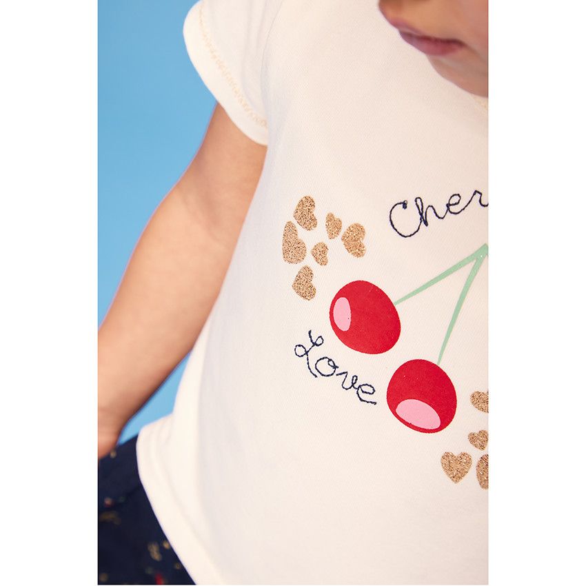 Robe bi-matière effet 2 en 1 motif cerises pour bébé fille - Ecru