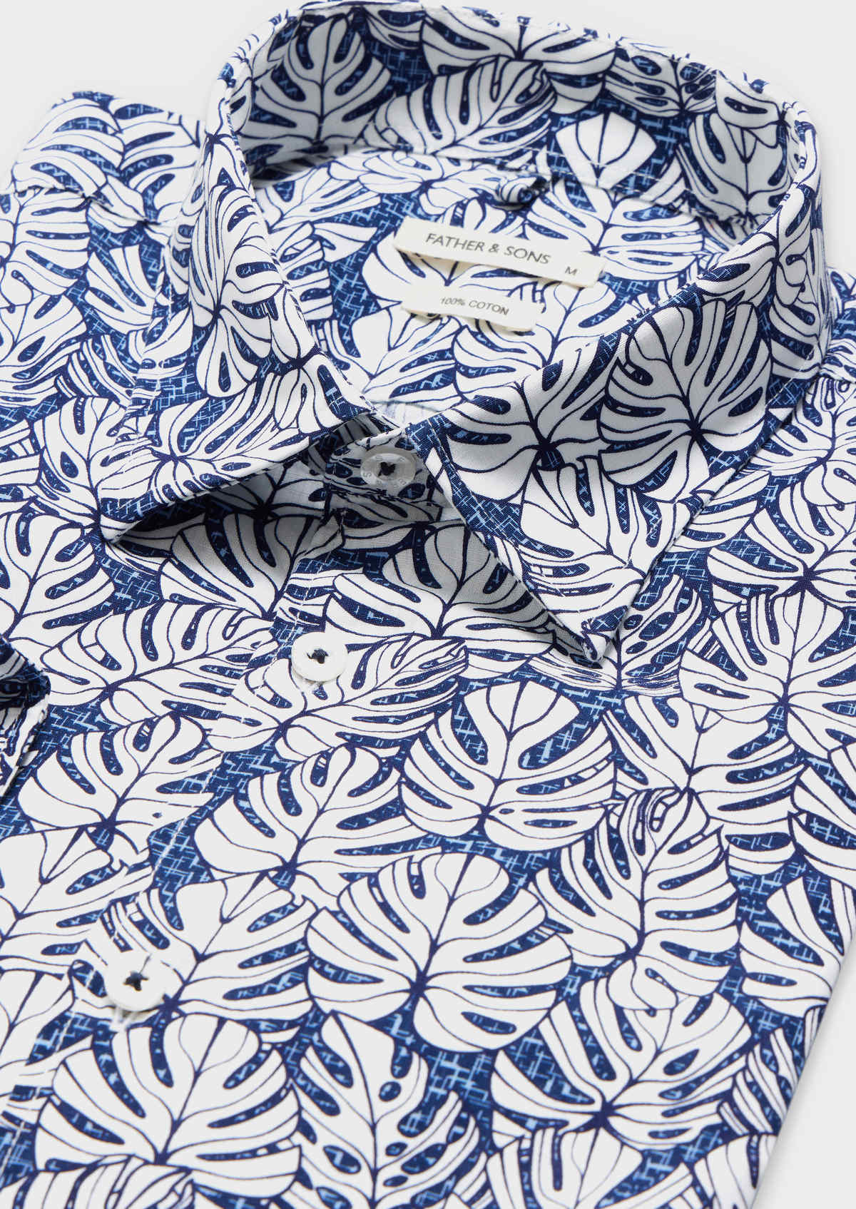 Chemise sport Slim en popeline de coton bleu jeans à motif fleuri blanc