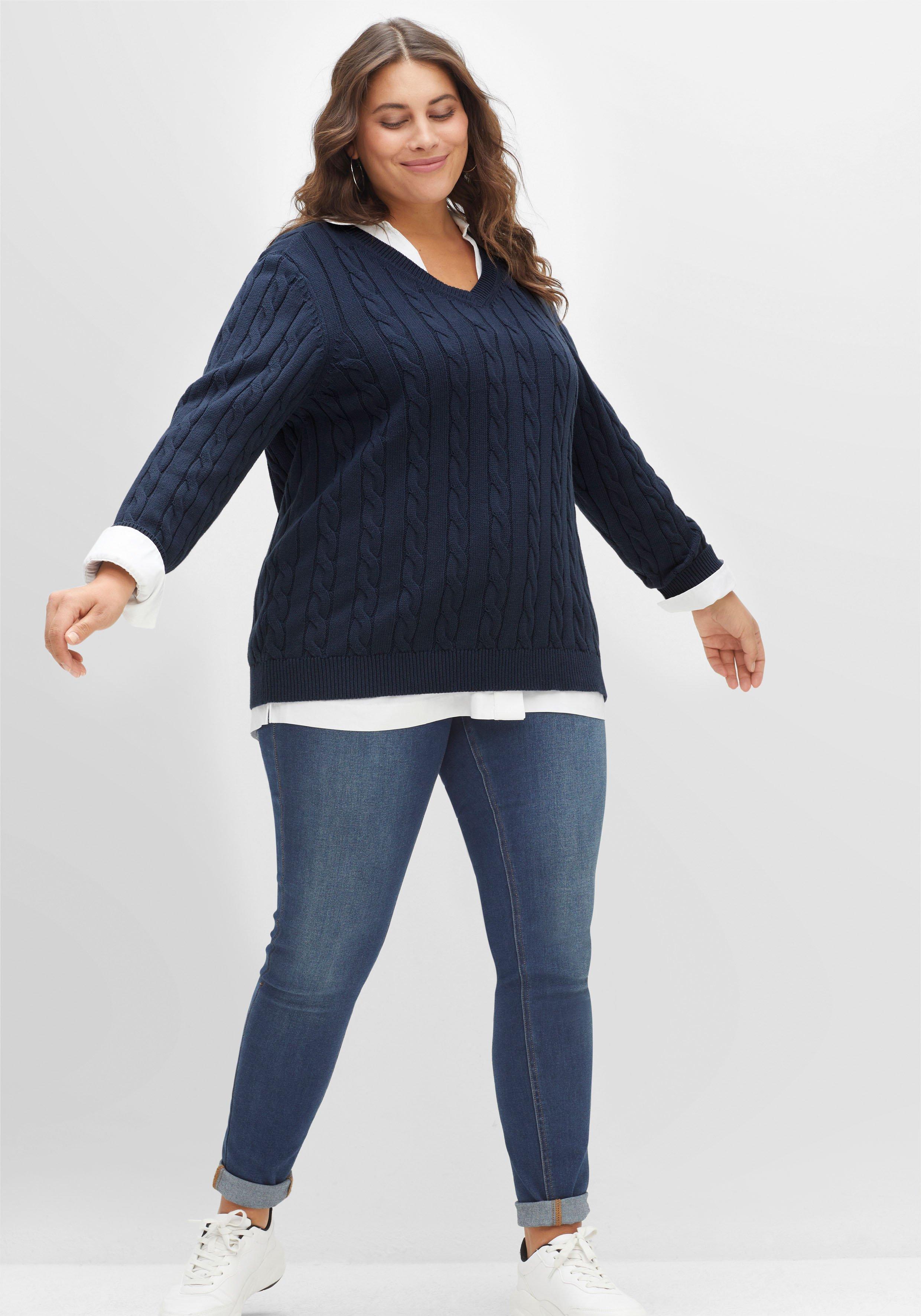 Pullover mit Zopfmuster und V-Ausschnitt