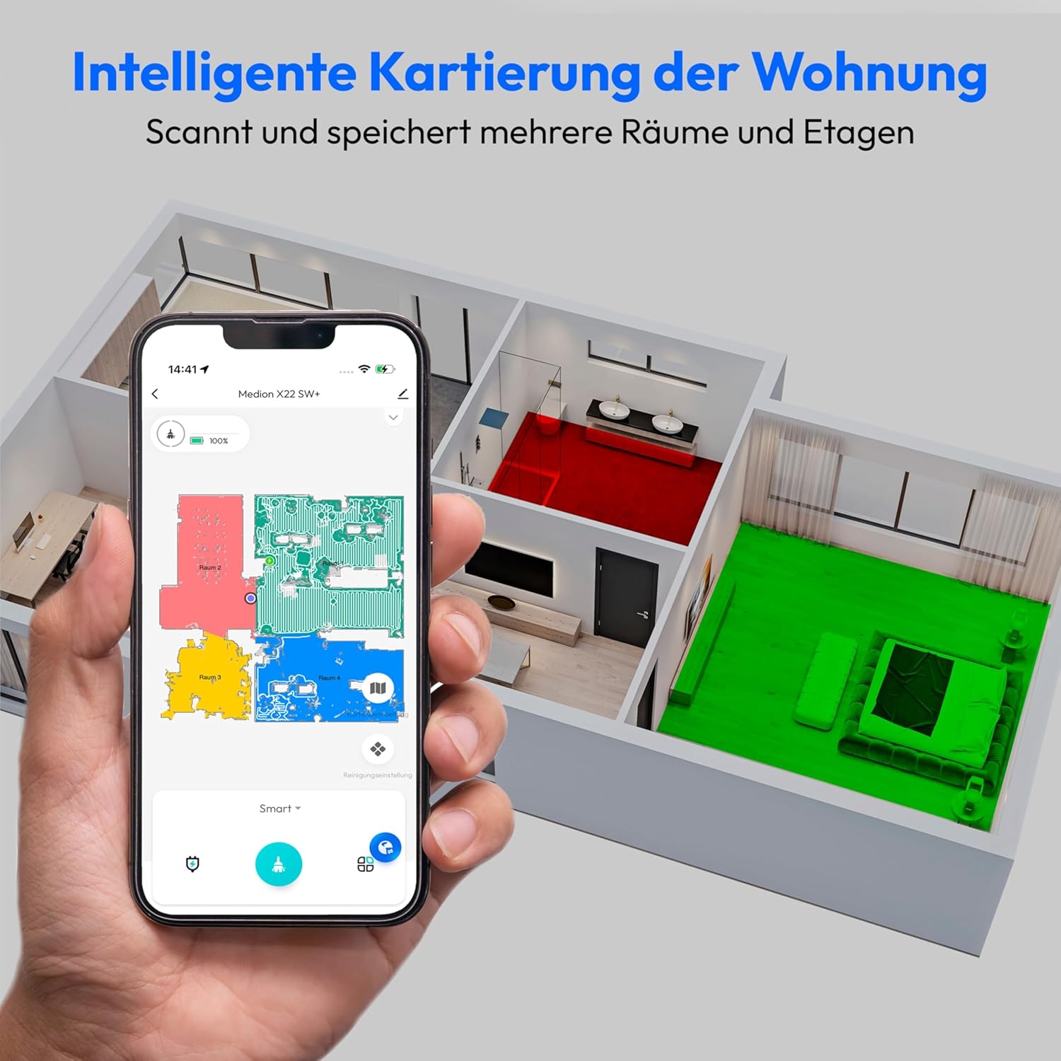 MEDION Saugroboter mit Absaugstation und Wischfunktion X22 SW+ (Lasernavigation, Starke 5000Pa Saugkraft, 2in1 Roboterstaubsauger, präzise Kartenerstellung, Go & No Go Bereiche, mehrere Etagen) blau