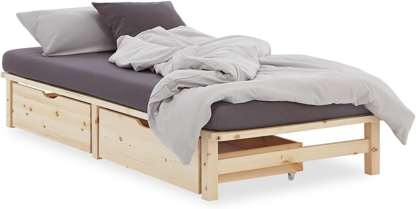 Homestyle4u Massivholzbett 100x200 mit Stauraum 2 Schubladen Palettenbett Holzbett Kiefer Natur Bettgestell mit Lattenrost