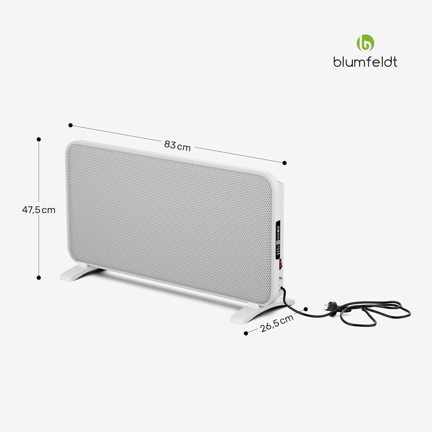 Blumfeldt Infrarotheizung 2000 W – Wandmontage & Standgerät, Graphen-Heizelement, App & Touch-Steuerung, Thermostat, IP24, Überhitzungs- & Umkippschutz, für Räume bis 20 m², Weiß