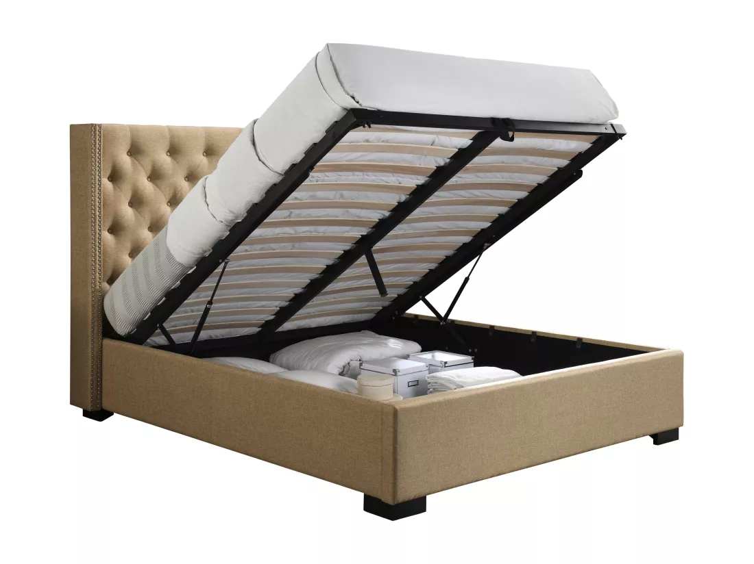 Lit coffre 160 x 200 cm avec tête de lit capitonnée - Tissu - Beige - MASSIMO