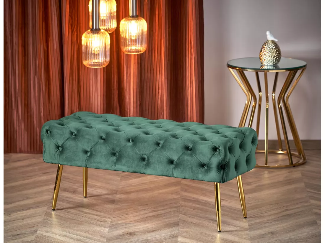 Banc capitonné en velours vert avec pieds dorés en métal PAOLA