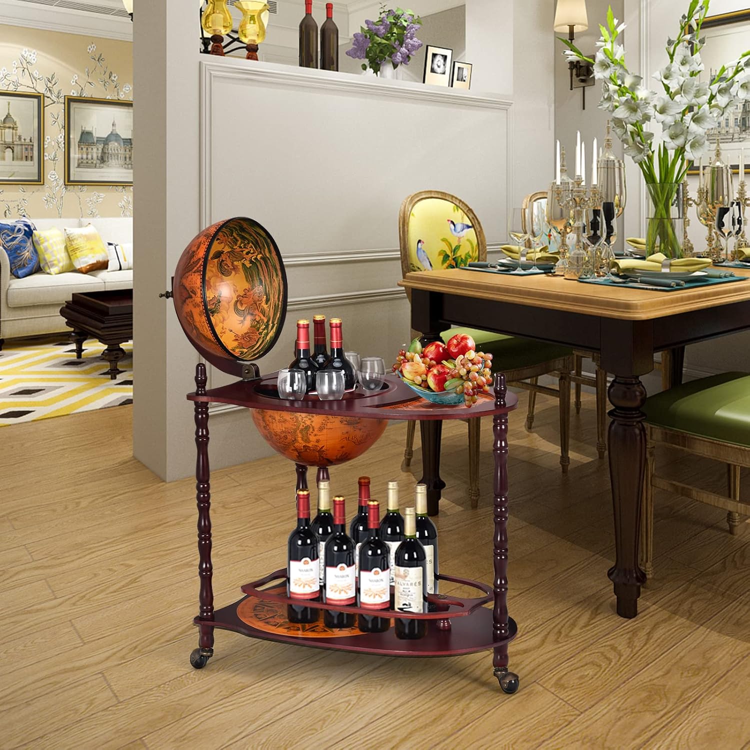 COSTWAY Globusbar Minibar Weltkugel Weinregal Flaschenregal Globus Bar Hausbar Cocktailbar Dekobar Tischbar, mit Rollen, mit Tischplatte