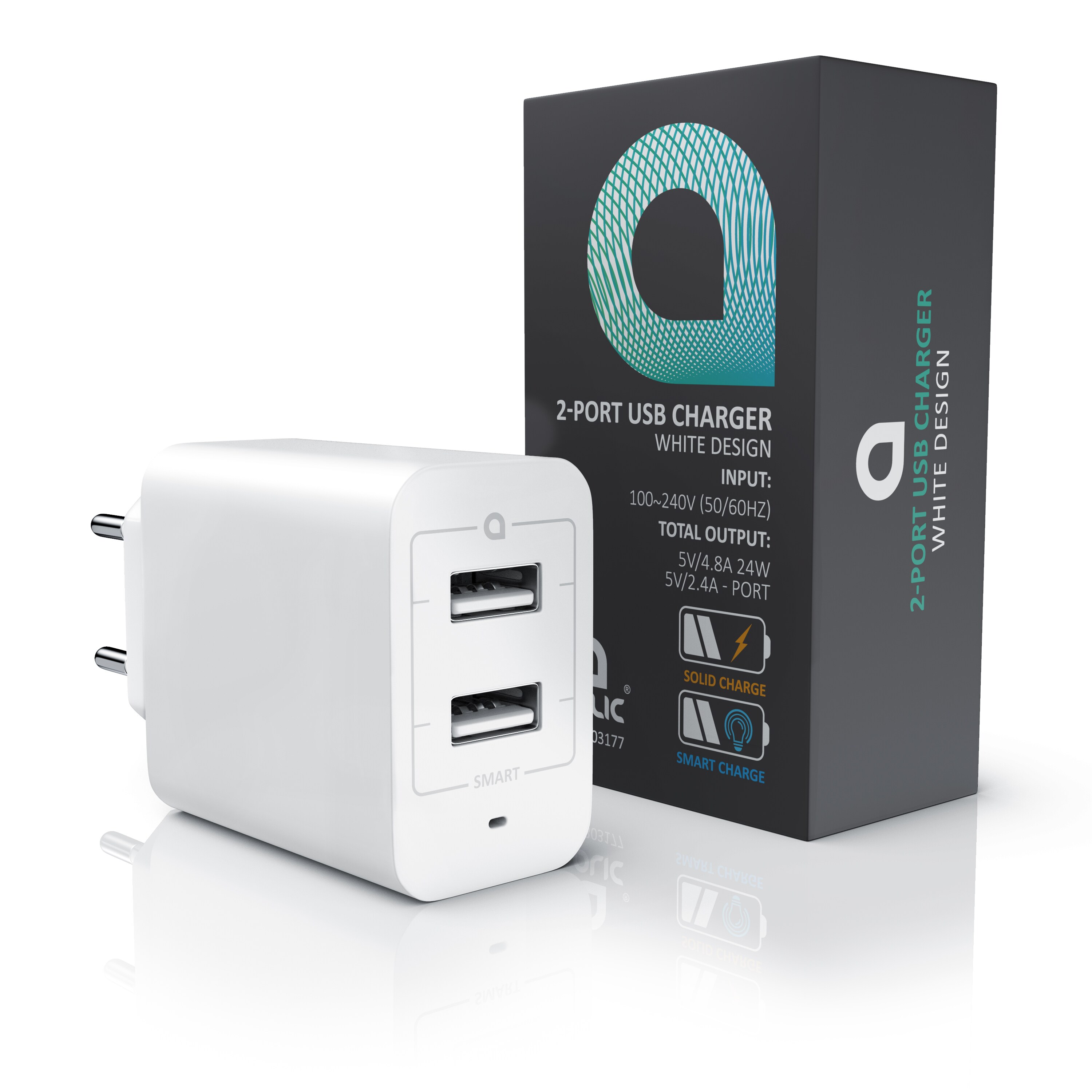 Aplic USB-Ladegerät 4800 mA, 2-Port Netzteil für Handy/Smartphone/Tablet, 4800mA - 2400mA je Port