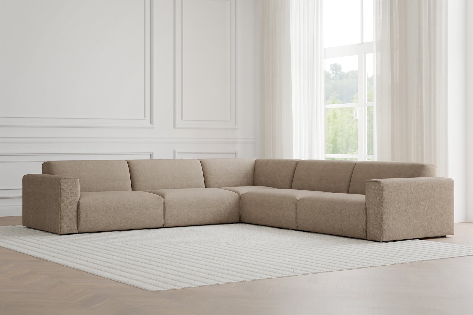 Monaco Lux hjørnesofa 33 hjørnesofa. Tekstil Fjord 4 Antilope med sorte ben. Lux komfort.