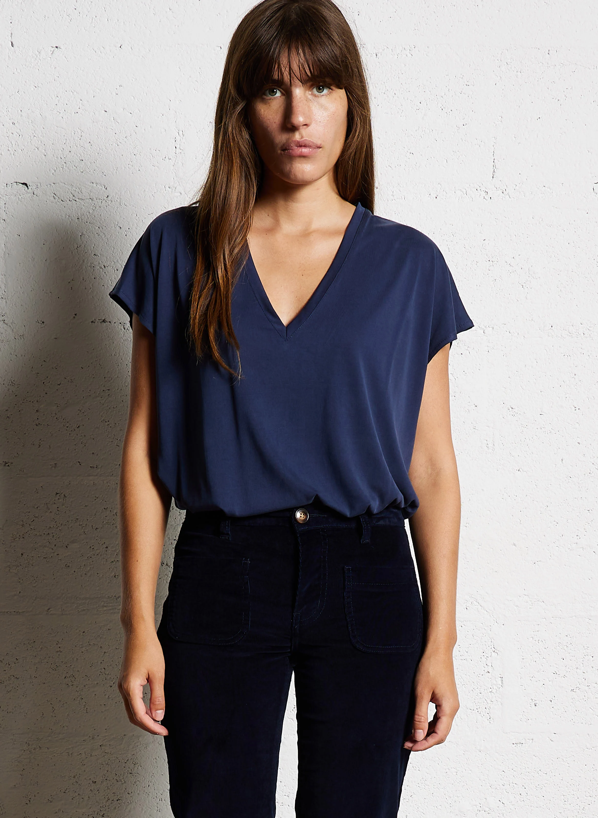 MARCELINA - Tee-shirt col V ample | Bleu