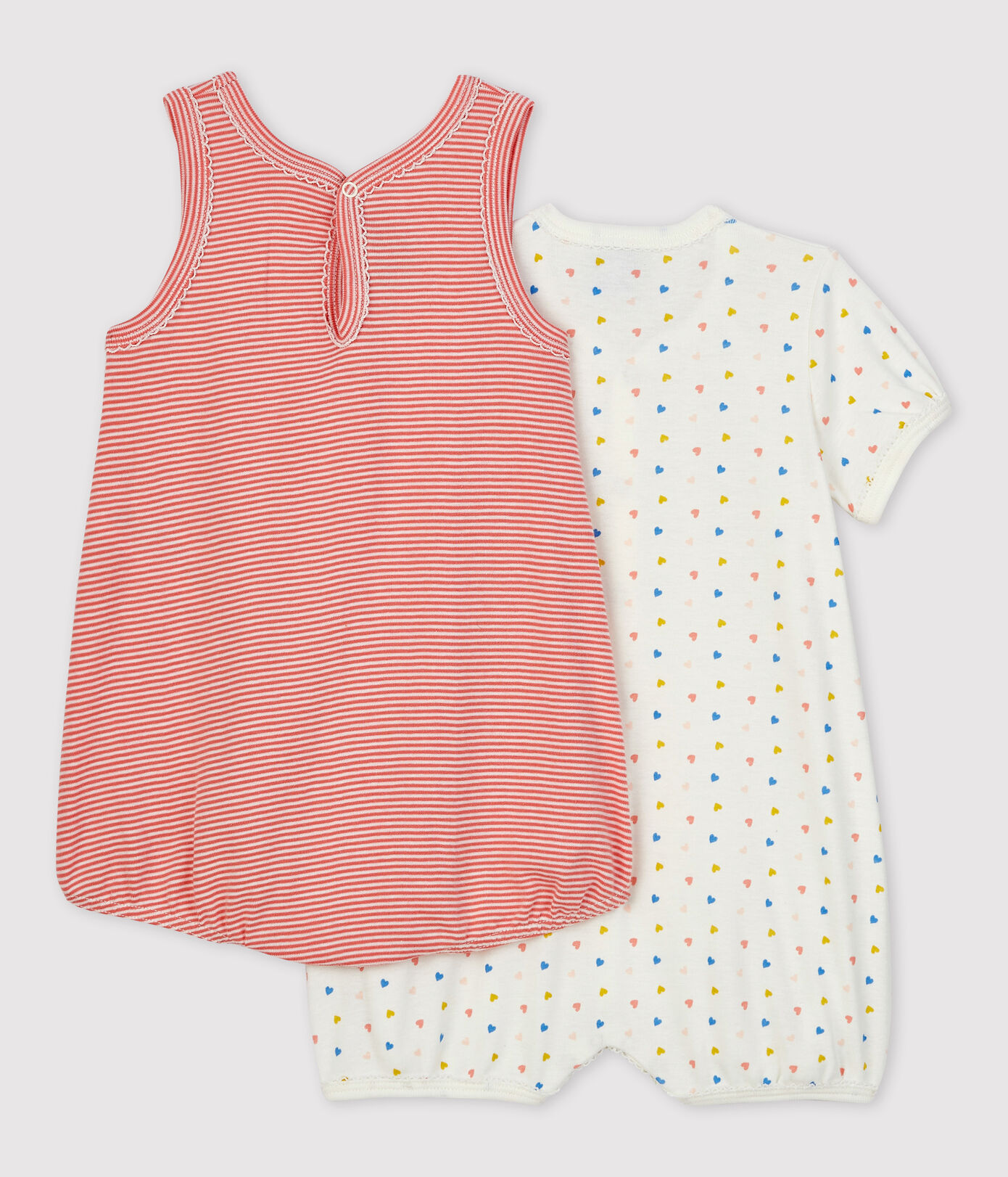 Lot de 2 combicourts coeurs bébé en coton biologique.