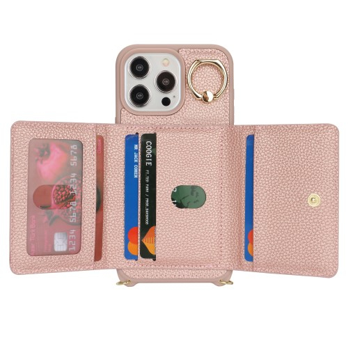 iPhone 14 Pro Max Necklace Leder Hülle mit Münzfach und Kartenfächer   Finger Griff Halterung   Handykette - Roségold