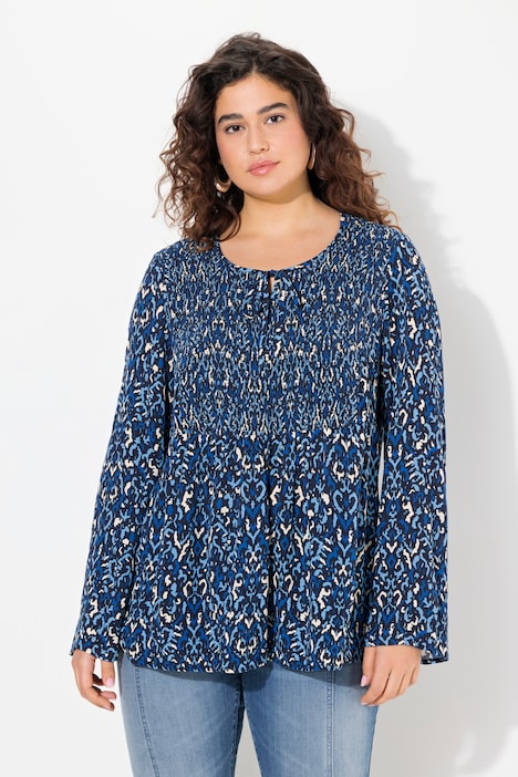 Bluse, gesmokt, Rundhals, ausgestellter Langarm