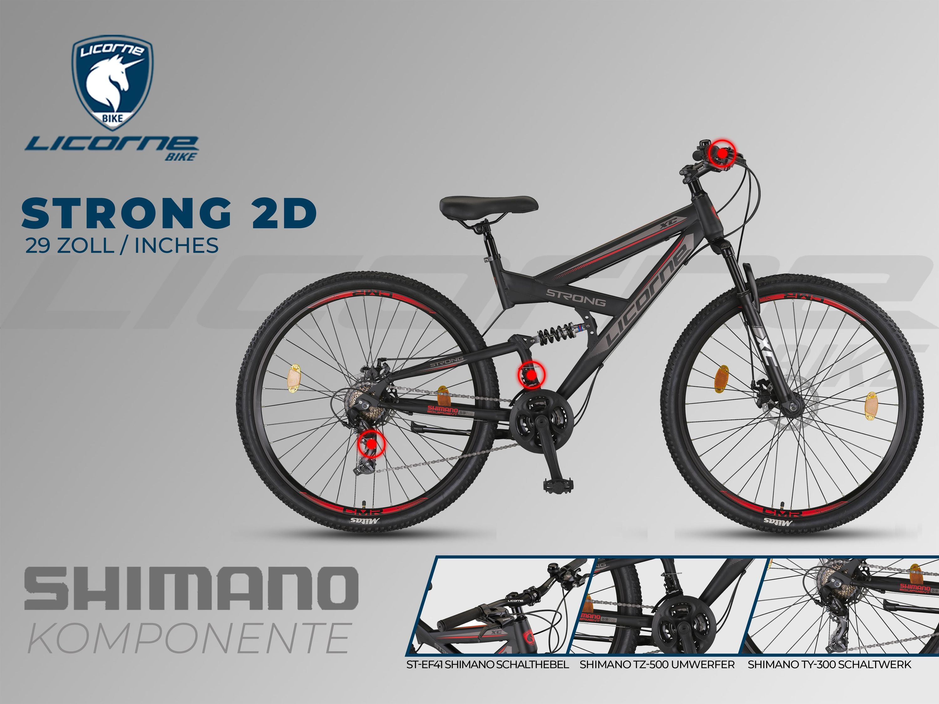 Licorne Bike Strong 2D Premium Mountainbike in 26, 27,5 und 29 Zoll - Fahrrad für Jungen, Mädchen, Damen und Herren - Scheibenbremse vorne und hinten - Shimano 21 Gang-Schaltung -