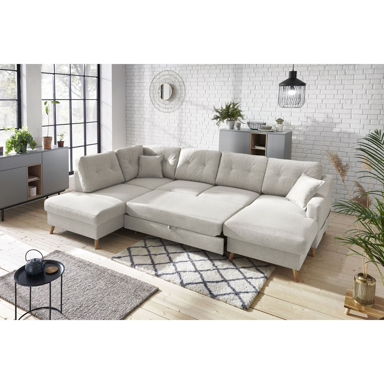 Bobochic Canapé d'angle panoramique convertible droit Sweden lin beige - 300x149/90/198x95 cm