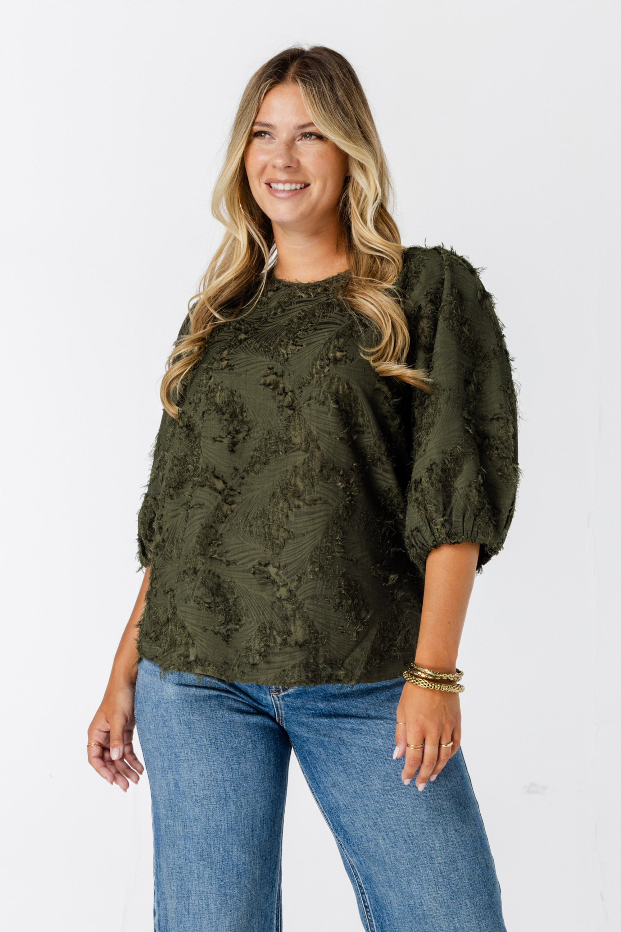Blouse met korte pofmouw Khaki