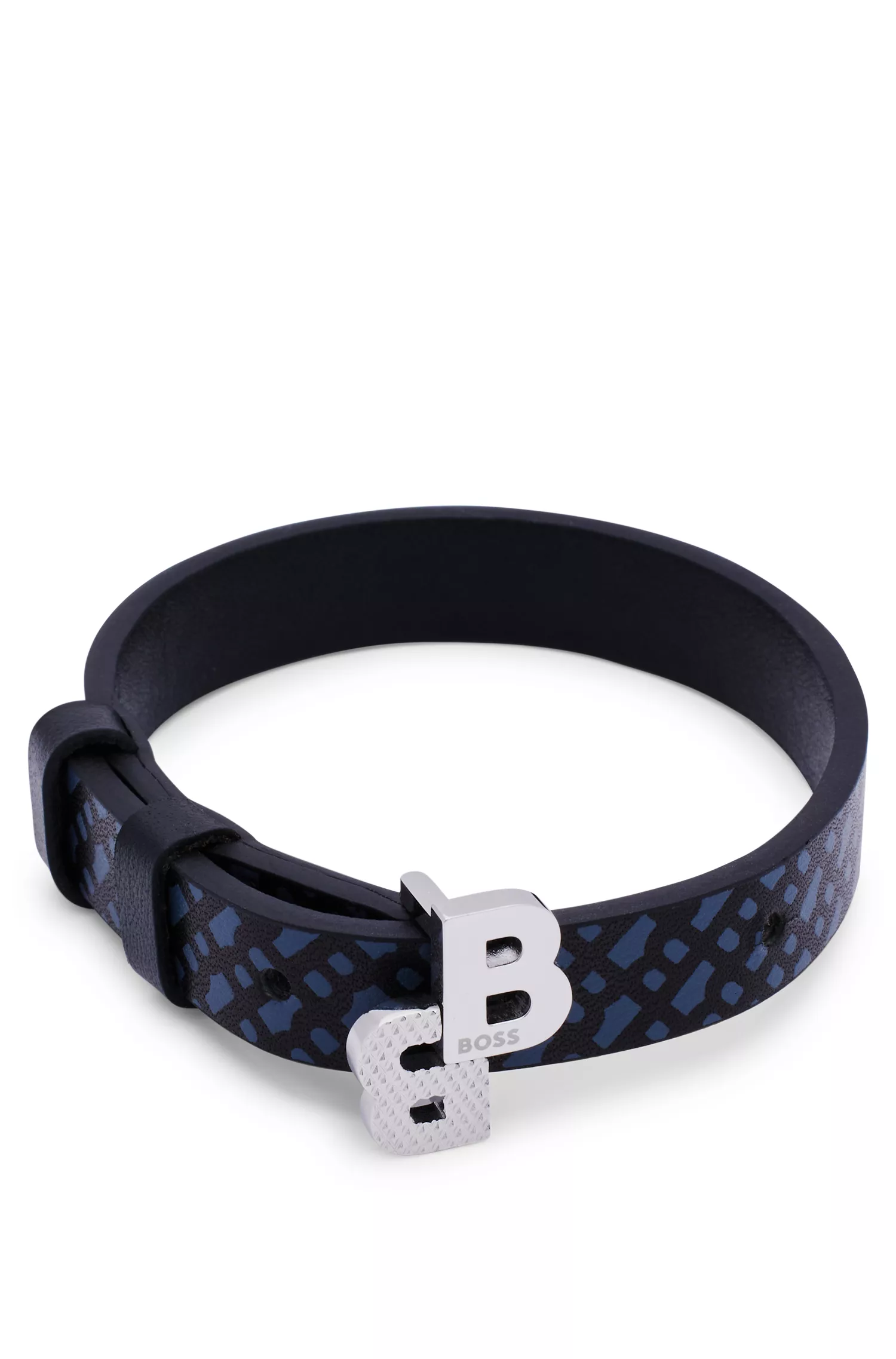 Bracelete BOSS em couro preto com fecho ajustável de monograma duplo.