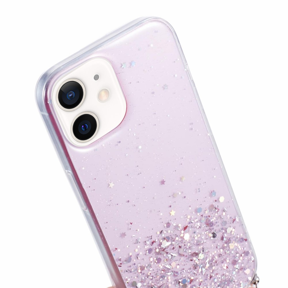 iPhone 12 / iPhone 12 Pro Necklace Gummi Hülle im Glitzer Design   Handykette (140cm) - Rosa / Transparent