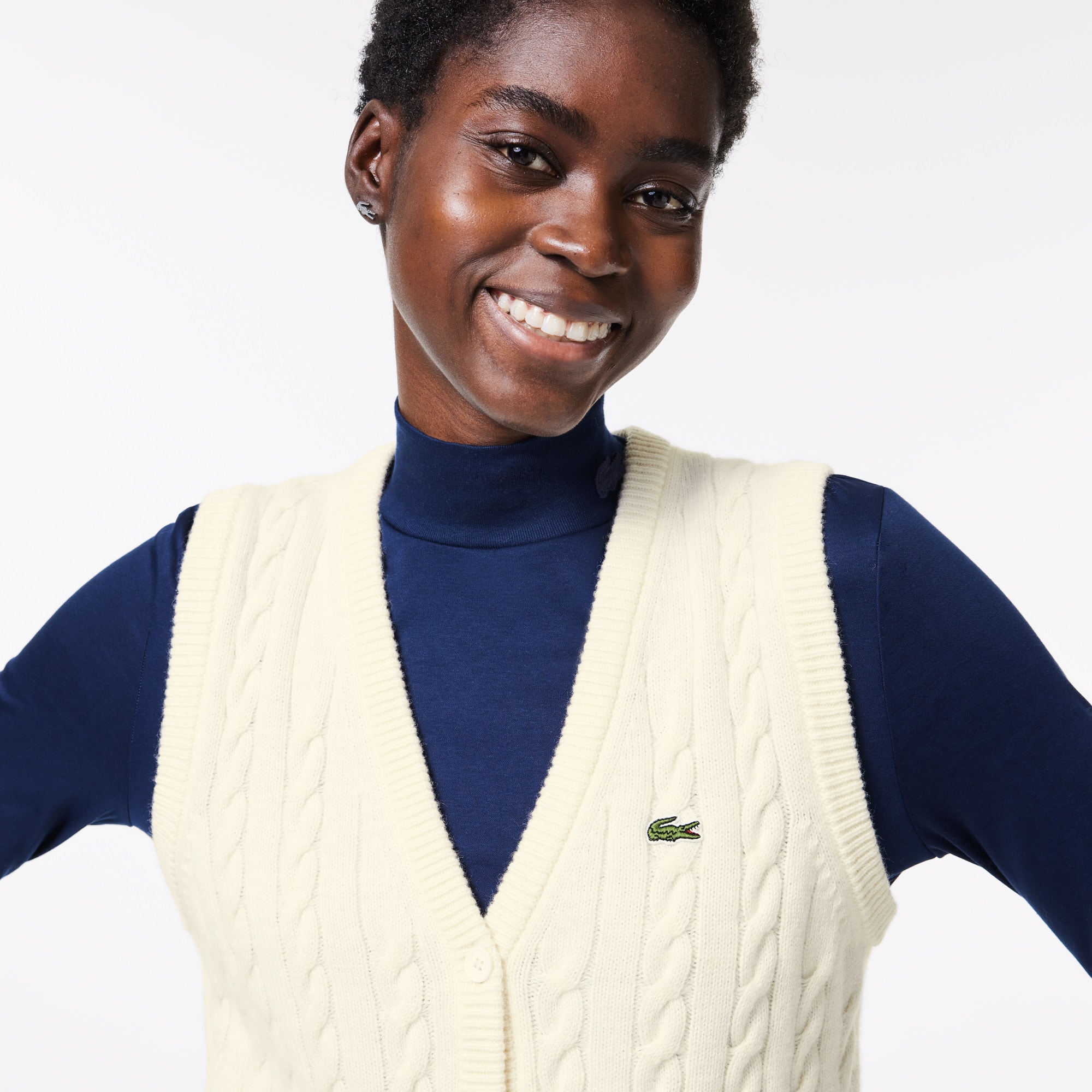 Cardigan sans manche à torsades en coton et laine Pullovers - Blanc - Lacoste - Femme