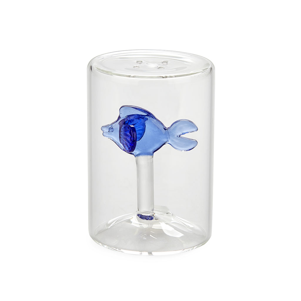 Saleiro Balvi em formato de peixe, azul, feito de borosilicato.