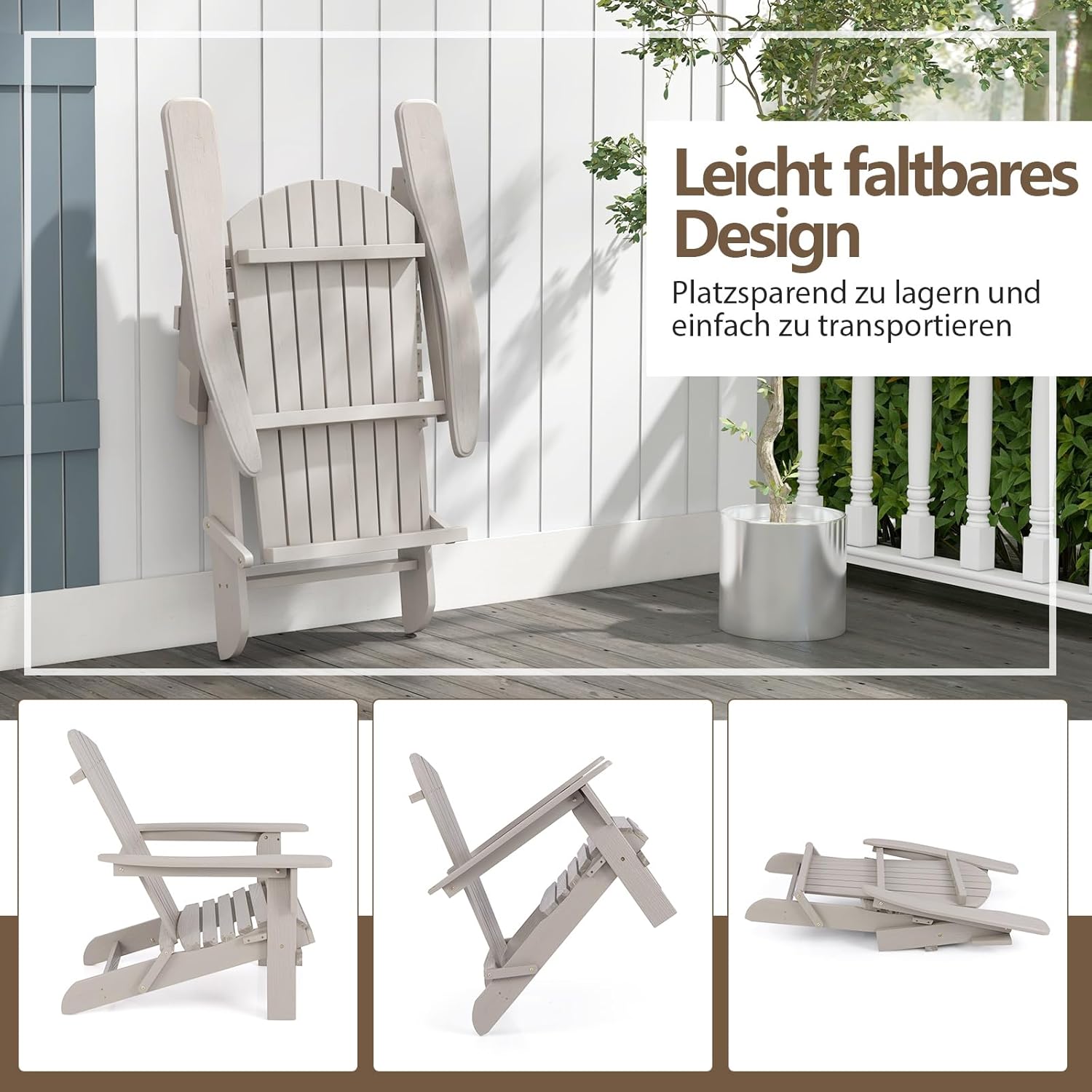 COSTWAY Adirondack Stuhl klappbar, 2er Set, Adirondack Chair aus Holz, Gartensessel mit hoher Rückenlehne & Breiten Armlehnen für Garten, Terrasse, 180 kg Tragfähigkeit (Grau)