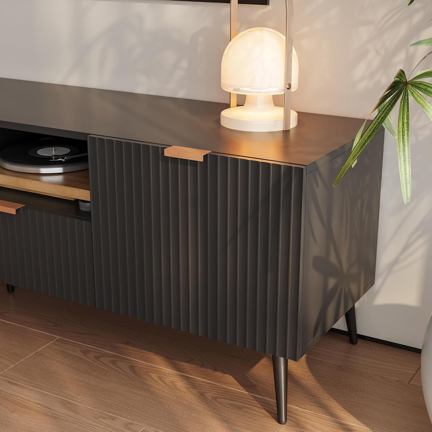 [en.casa] TV Schrank Nand Lowboard mit 2 Türen geriffelt Fernsehschrank mit 2 Schubladen 180 x 40 x 51 cm Sideboard Kommode Fernsehtisch Schwarz