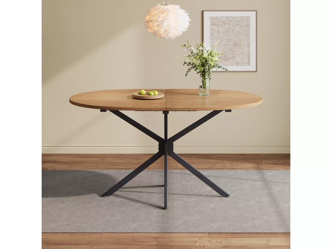 Table à manger ovale 4 à 6 personnes - en MDF et métal - Naturel et noir - Table fixe - 120x80x75.5cm