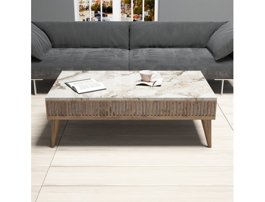 CONCEPT1 - Table basse Milan noyer marbre blanc 105 x 60 x h34,6cm